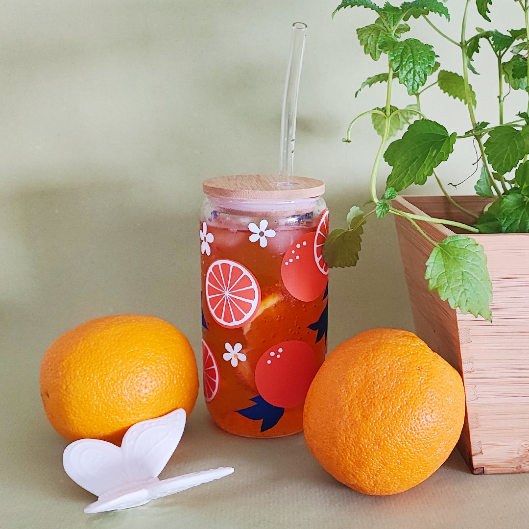 Glasbecher "Orangen" mit Holzdeckel & Glasstrohhalm, 500 ml