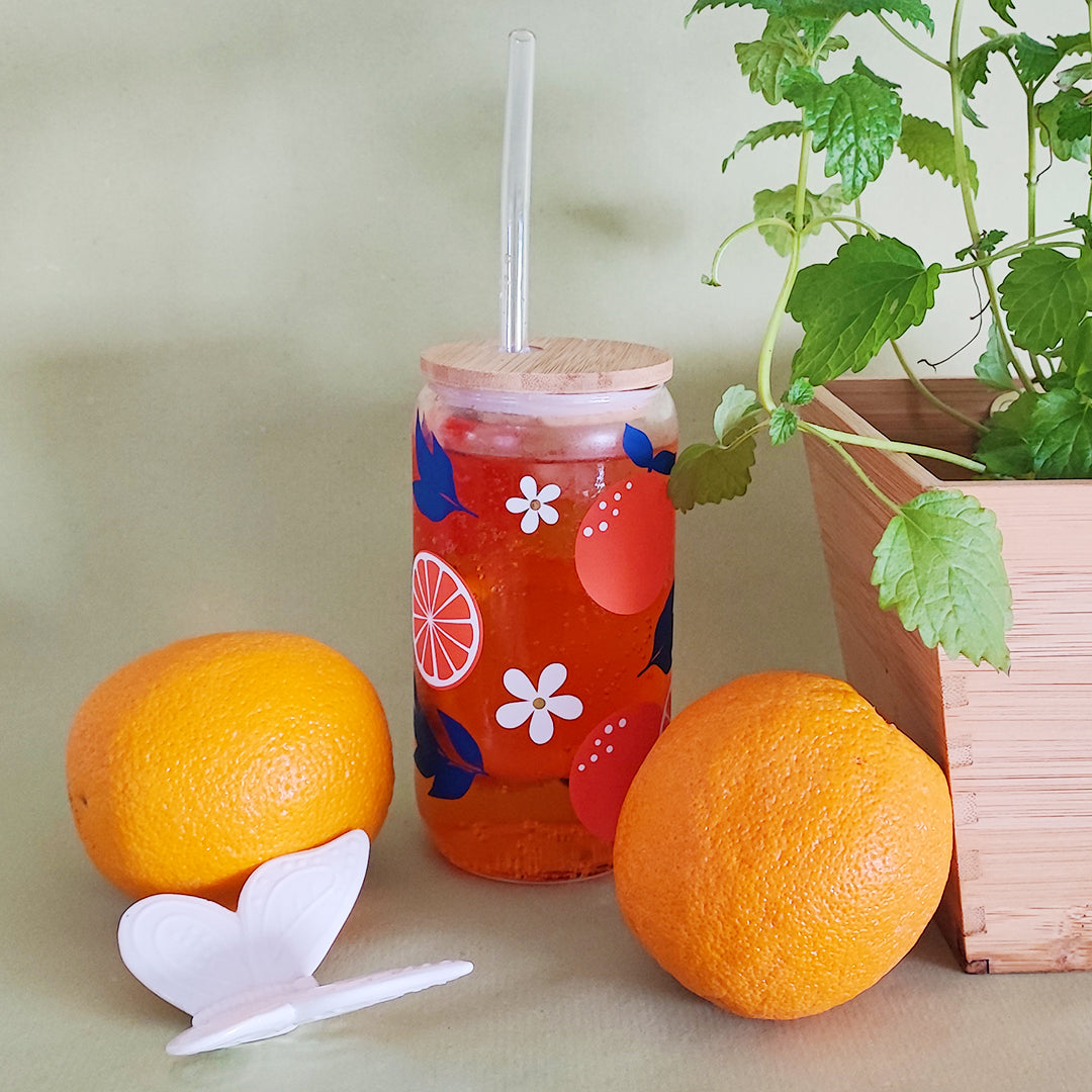 Glasbecher "Orangen" mit Holzdeckel & Glasstrohhalm, 500 ml