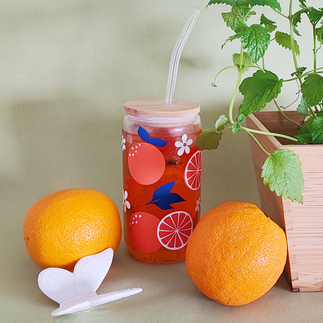 Glasbecher "Orangen" mit Holzdeckel & Glasstrohhalm, 500 ml