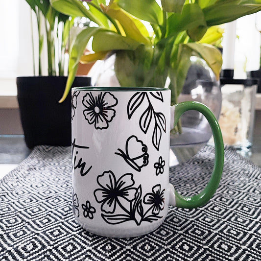 Tasse "Flowers", Name PERSONALISIERBAR, 425 ml (spülmaschinenfest)